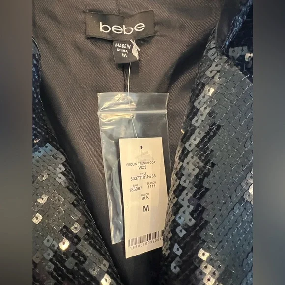 BEBE NWT SEQUIN TRENCH COAT BLACK SHINY TUXEDO COUTURE GALA FORMAL JACKET GLAMOR - Picture 8 of 16